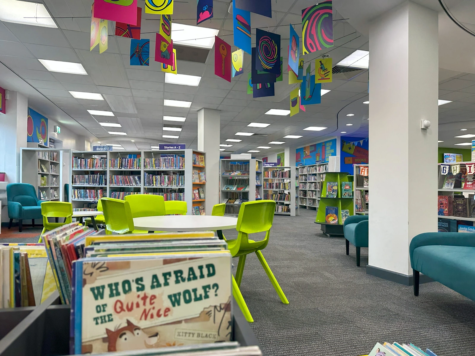 Bookshelves and reading space inside Hyson Green Library at the Mary Potter Centre