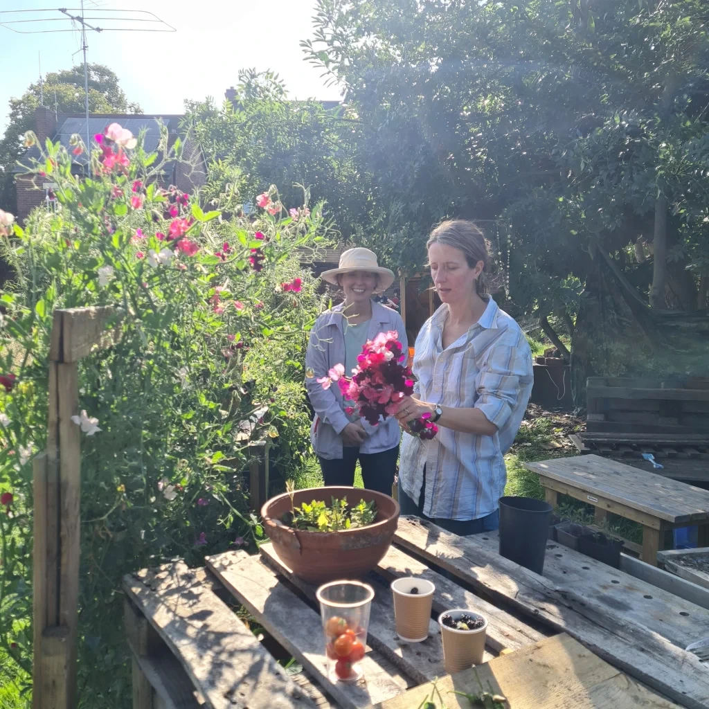 Two people gathering pink flowers beside a picnic table at Woodseats Community Garden