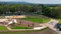 Aerial view of play equipment, paths and lawns at Merstham Recreation Ground