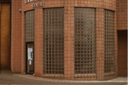 Brick and glass-block corner entrance to Ballyhackamore Library