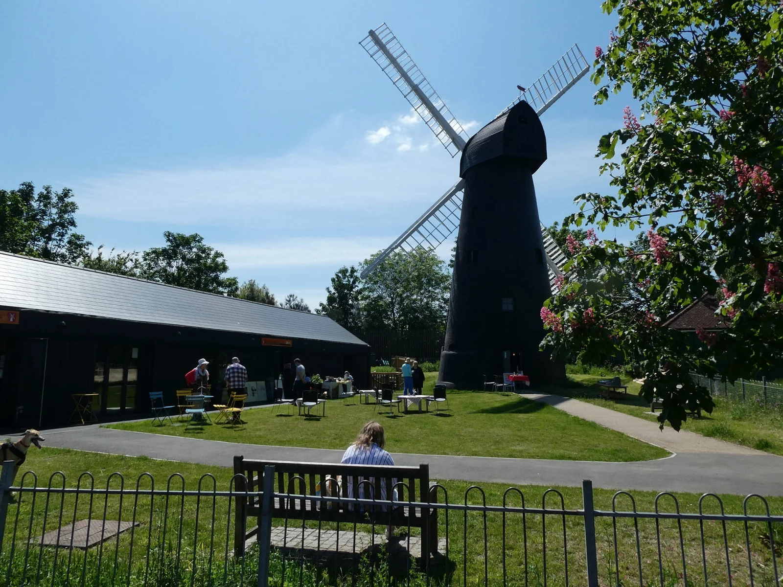 Brixton Windmill beside the education centre and garden tables