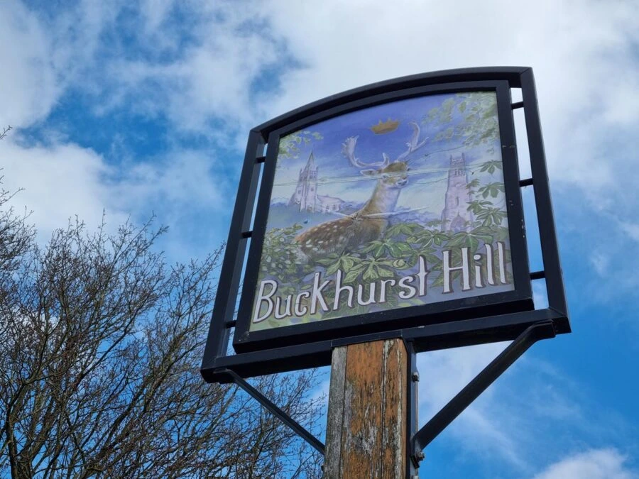 Buckhurst Hill village sign showing a deer and the place name against a blue, cloudy sky.