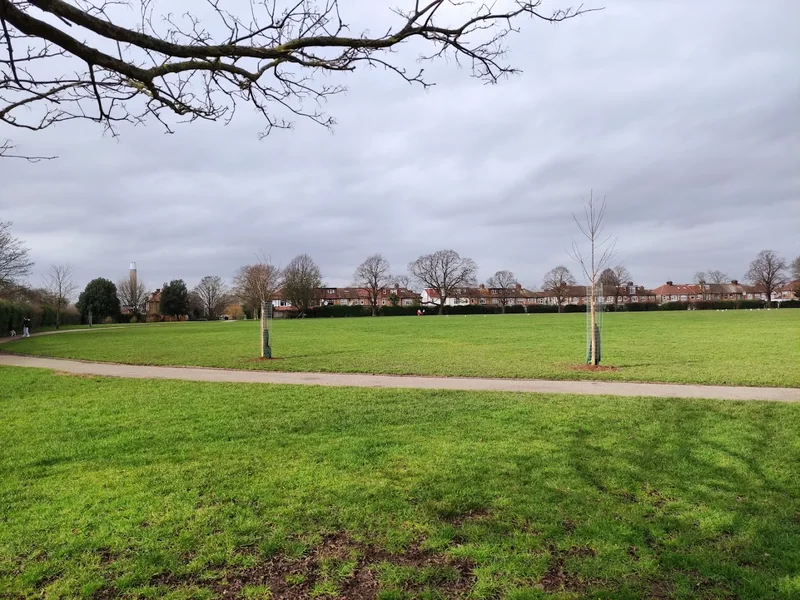 Lawn, footpath and young trees at Chase Lane Park