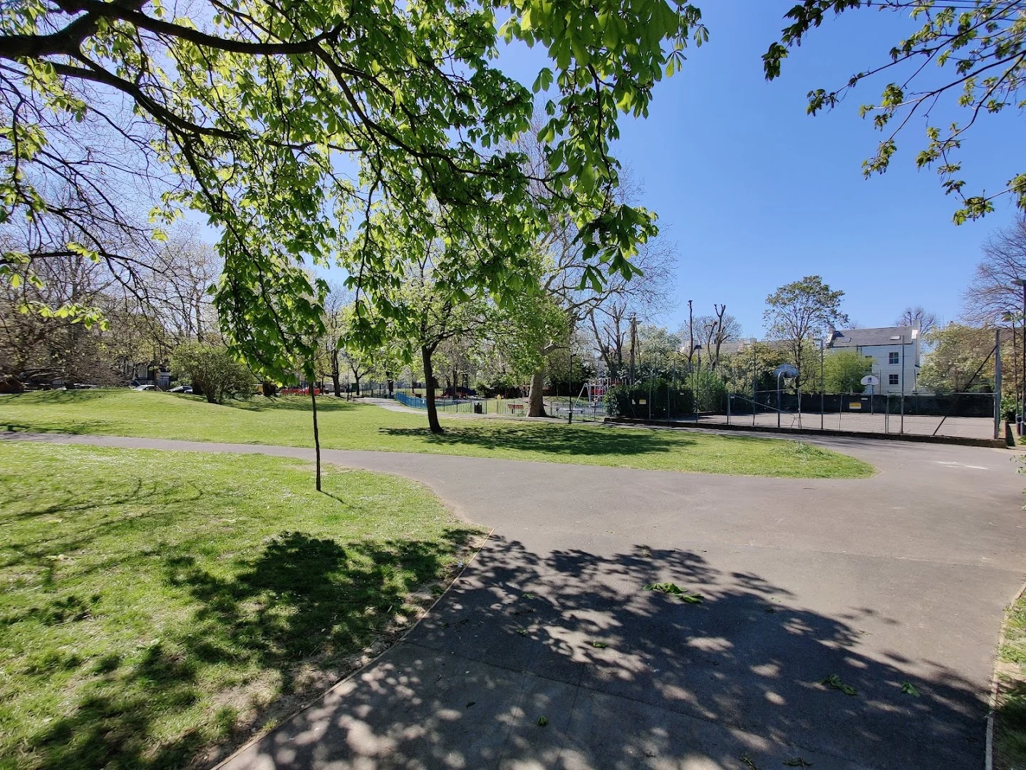 Lawns and curving paths beneath trees at Loughborough Park, with a fenced basketball court beyond