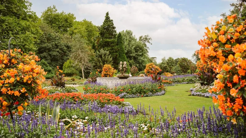 Colourful flower beds around a central fountain in Singleton Park Botanical Gardens