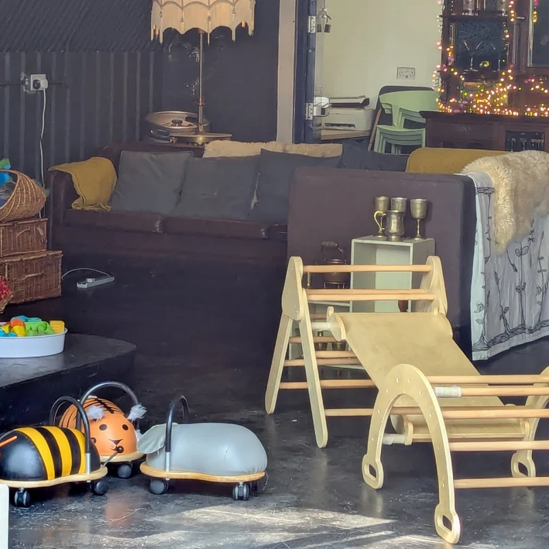 Ride-on toys, wooden play equipment and seating at Pint-Sized Playhouse