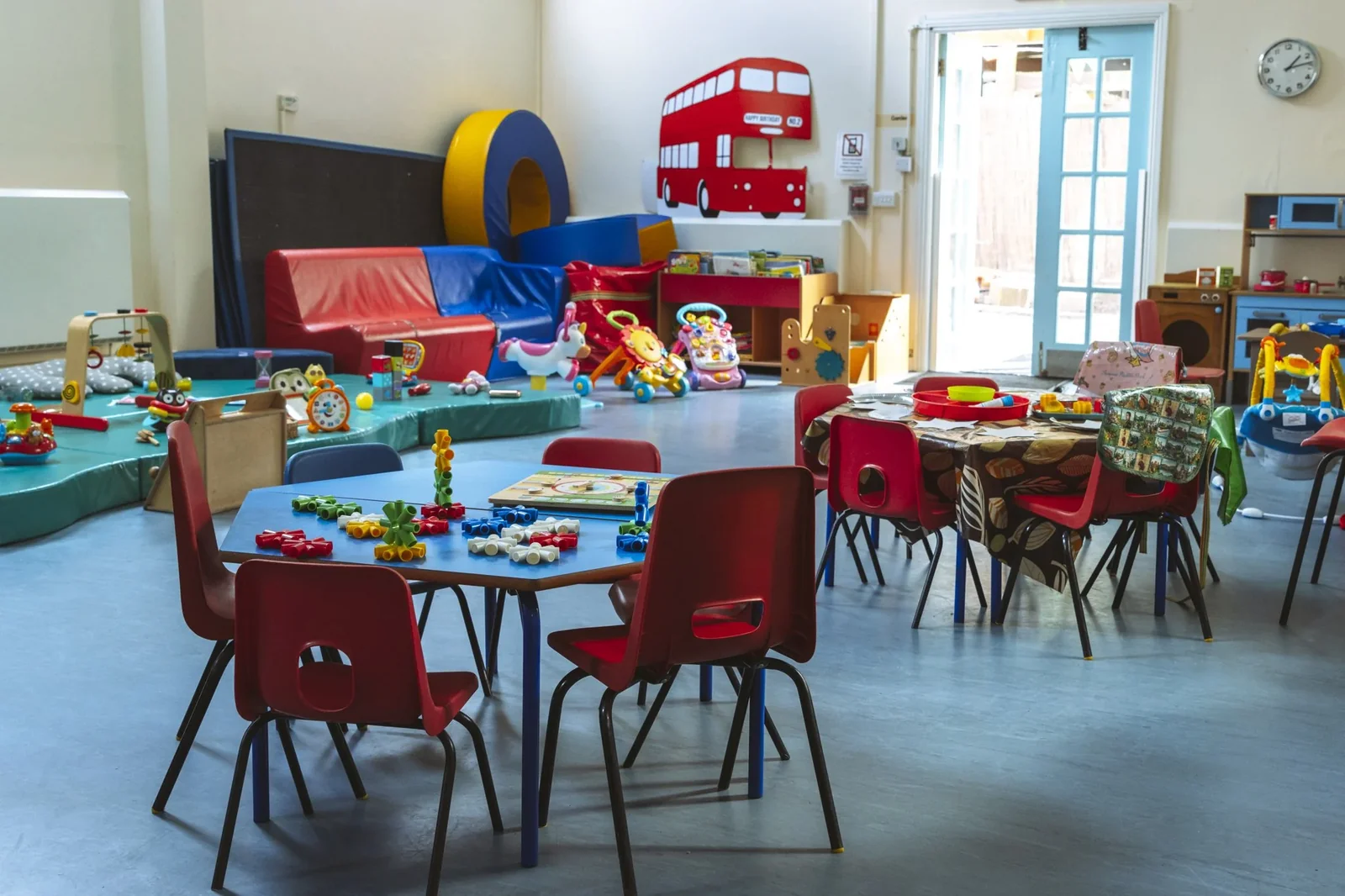 Tables, toys and soft play equipment in Walthamstow Toy Library’s E17 main play room.